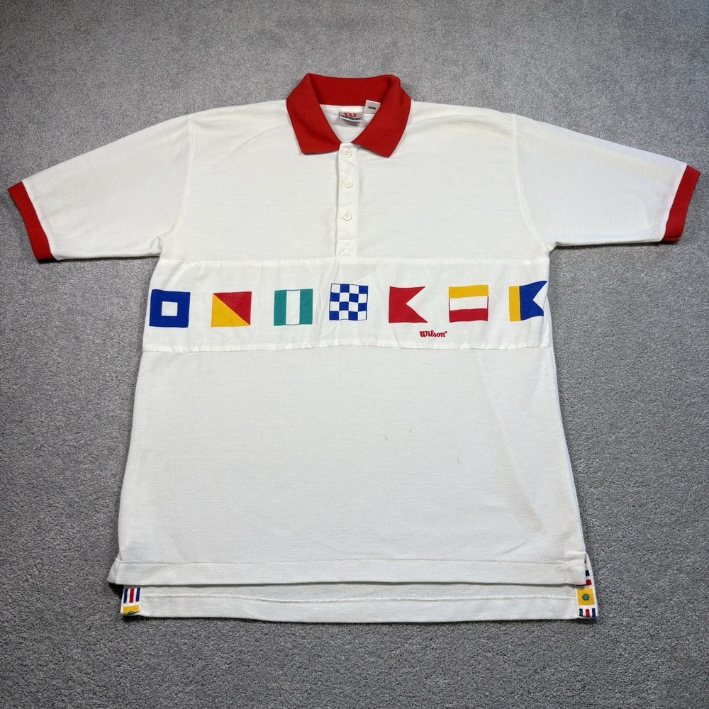 1980s Wilson Polo Shirt Maritime Vintage Nautical Flag Stripe White Size Medium